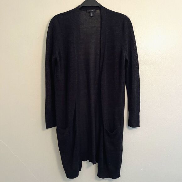 HALOGEN Open Linen Blend Knit Two Pocket 3/4 Sleeve Cardigan, Charcoal Gray- XS - Picture 1 of 9